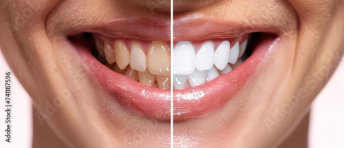 Teeth cleaning and whitening before and after comparison side by side with an empty space for text or product, Generative AI.. photo