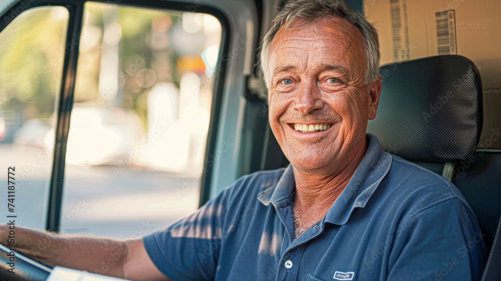 Cheerful mature delivery man smiling in the driver's seat of his vehicle, representing friendly service. Cheerful mature delivery man smiling in the driver's seat of his vehicle, representing friendly service.