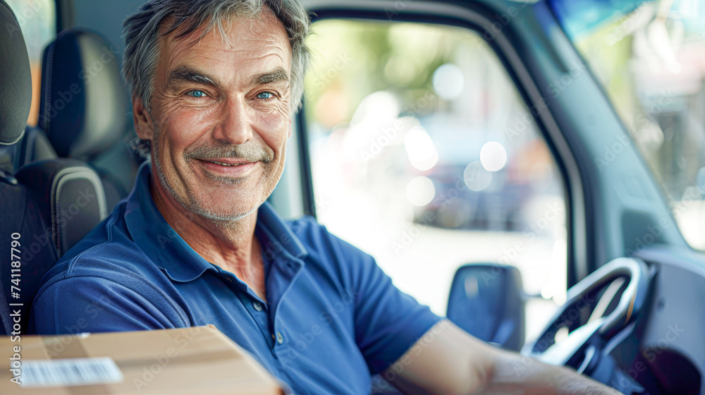 Cheerful mature delivery man smiling in the driver's seat of his vehicle, representing friendly service. Cheerful mature delivery man smiling in the driver's seat of his vehicle, representing friendly service.