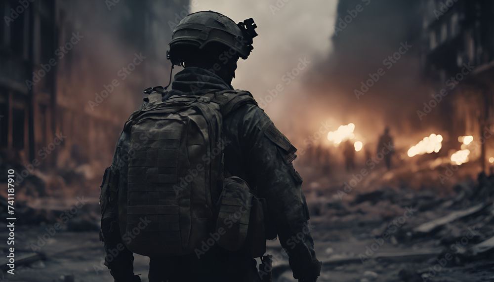 Faceless soldier walking through a destroyed city with rubble