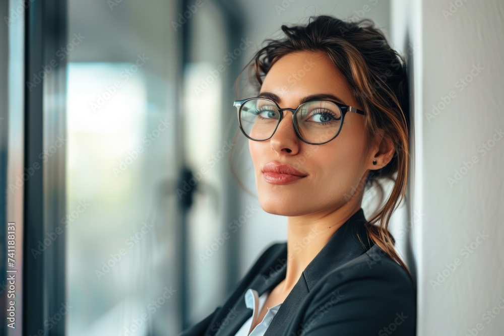 Fototapeta premium Woman Wearing Glasses Leaning Against a Wall getting ready to work burnout concept. Generative AI