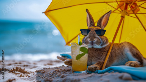 A rabbit in human clothes lies on a sunbathe on the beach, on a sun lounger, under a bright sun umbrella, drinks a mojito with ice from a glass glass with a straw, smiles, summer tones, bright rich co