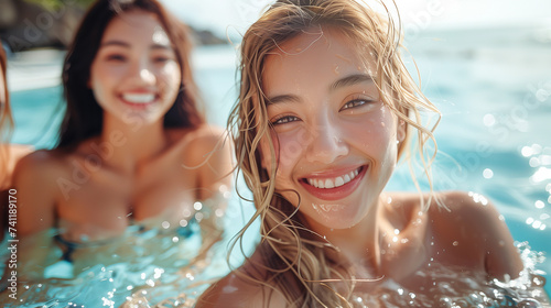 Cheerful Asian women at a pool celebration by the sea, capturing the essence of summer outdoors .