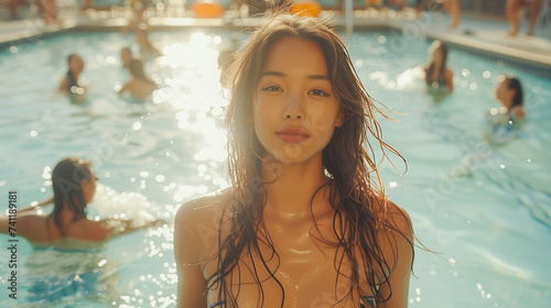 Summer vibes with Asian women at a lively seaside pool, joy and laughter in the air .