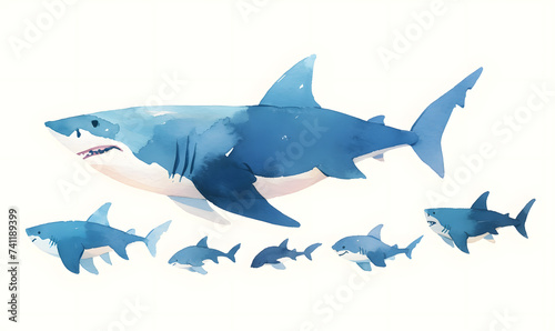 A Minimal Watercolor Banner of a Row of Sharks, Generative AI