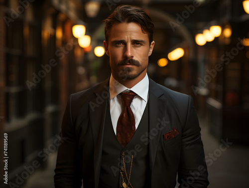 Portrait of Masculine Caucasian Man in Vintage Clothes. Gangster Group in 1920