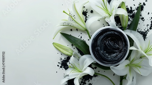 White lily bloom over white setting with black activated charcoal paste in a cosmetics jar and space, Generative AI.