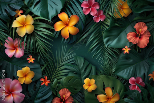 Tropical leaves and flowers sign banner on bright blue background © Black Pig