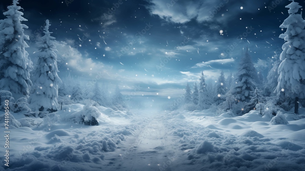 Snow Landscape Road with Pine Trees at Night. Generative AI Snow Landscape Road with Pine Trees at Night. Generative AI