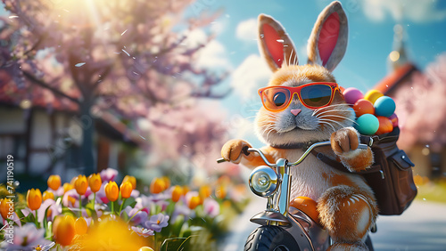 Cute bunny riding a bicycle carrying easter eggs. photo