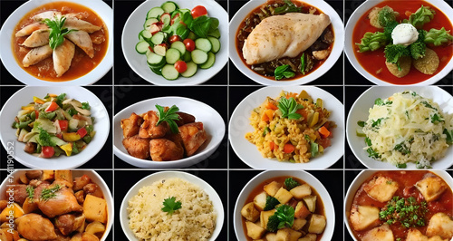 Collage of food in the dishes. A variety of food, vegetables, chicken, top view. Options for dishes. Dinner options in white plates