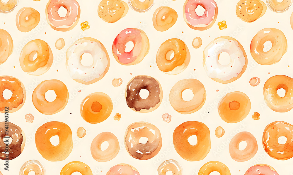 Cartoon watercolor donuts pattern background, Generative AI Cartoon watercolor donuts pattern background, Generative AI