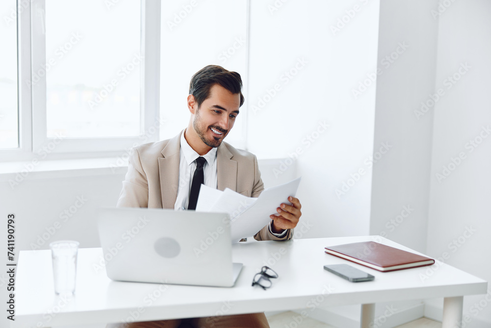 Laptop holding businessman happy company office positive planning paper suit document Laptop holding businessman happy company office positive planning paper suit document