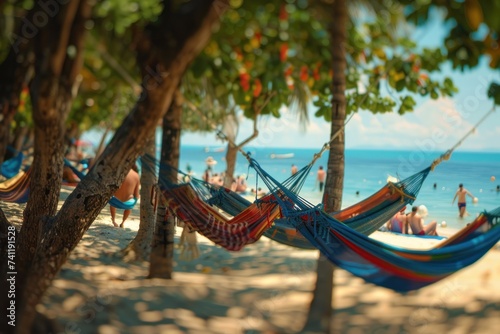 Tourists relax in hammocks 