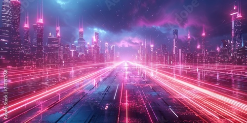 Vibrant neon lights illuminating a wet highway in a futuristic cityscape at night. © Thares2020