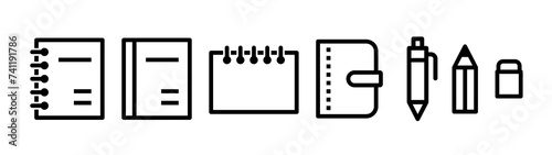 Stationery icon set. Notebook, notepad, personal organizer, pen, pencil, eraser.