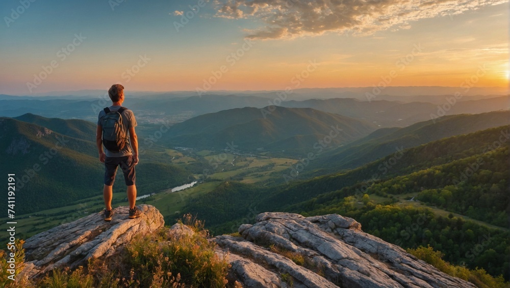 Man with backpack standing on top of a mountain and looking at the sunset.