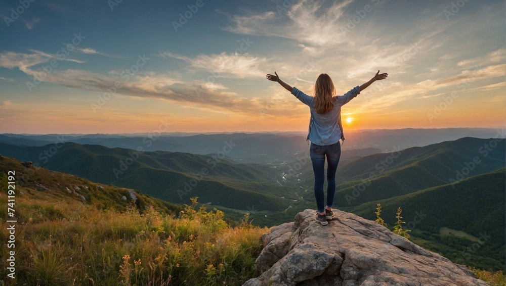 Happy woman standing on top of a mountain and looking at the sunset