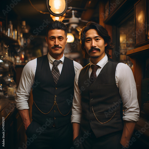 Portrait of Two Masculine Asian Man in Black and White Vintage Outfit