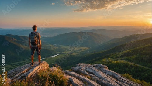 Man with backpack standing on top of a mountain and looking at the sunset.