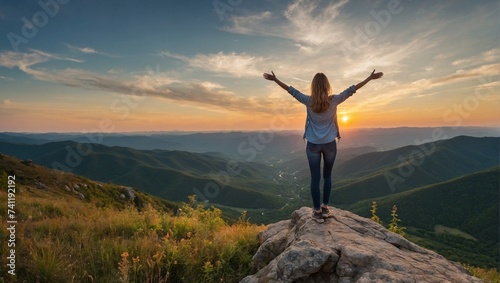Happy woman standing on top of a mountain and looking at the sunset