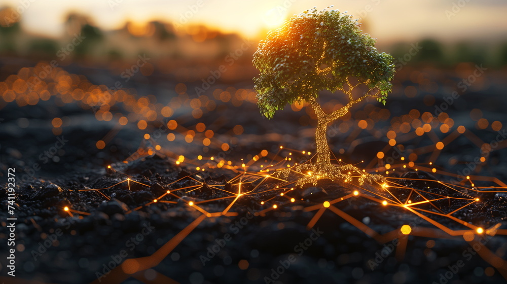 Young tree with glowing roots intertwined with a network of lights on a darkened ground Young tree with glowing roots intertwined with a network of lights on a darkened ground