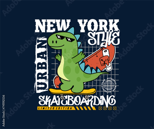 cartoon cute dinosaur playing Skateboard urban t shirt print design  vector illustration