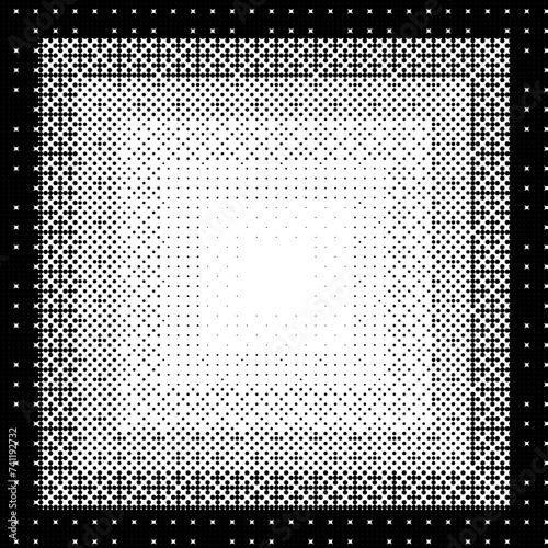 Pixelated gradient square frame. Black dithered radial gradation texture. Retro bitmap game background. Halftone 8 bit wallpaper. Vintage rectangle pixel art border. Vector backdrop