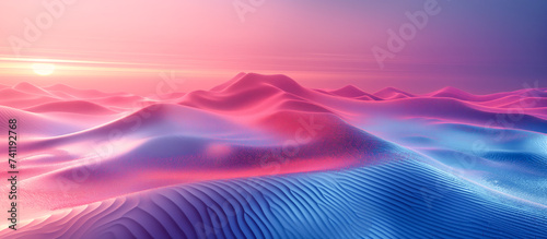 Wavy desert dune with ripple marks and sand breeze during sunset twilight hours - Temperature drop illustrated by mixture of cold and warm hues