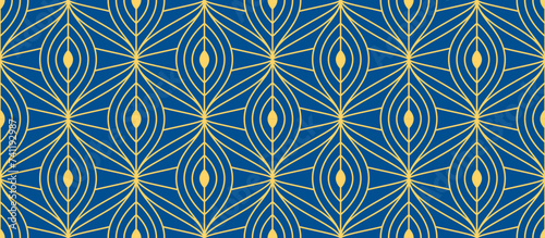Retro art deco blue and gold seamless pattern. Repeated golden leaf, feather or eye motif. Vintage decorative texture for wallpaper, textile, fabric, print swatch. Vector elegant ornament backdrop