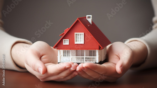 Business Man Hands Holding an Architectural Wooden House Model, Concept of Home Insurance and Security