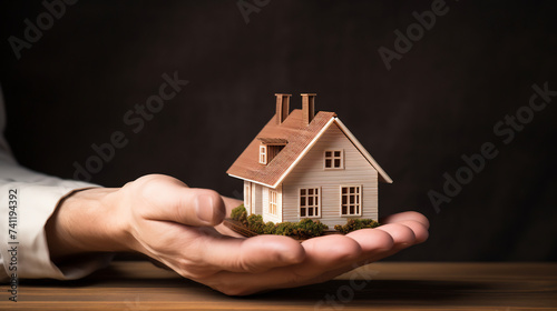 Business Man Hands Holding an Architectural Wooden House Model, Concept of Home Insurance and Security