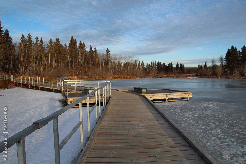 Naklejka premium wooden bridge over lake, Elk Island National Park, Alberta