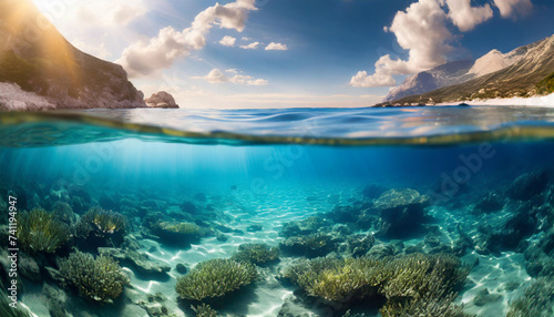 Tranquil underwater scene  clear split view of serene sea and sunny sky  symbolizing harmony and balance