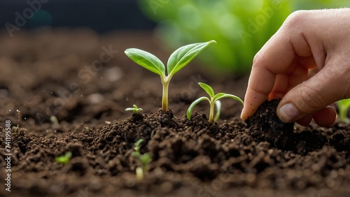 Human hand planting seedling on fertile soil with sunlight background, Earth day concept