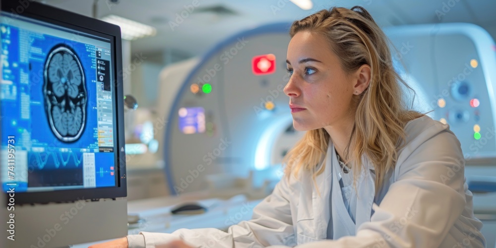A professional female radiologist reviewing MRI scans in a modern medical imaging room. A professional female radiologist reviewing MRI scans in a modern medical imaging room.