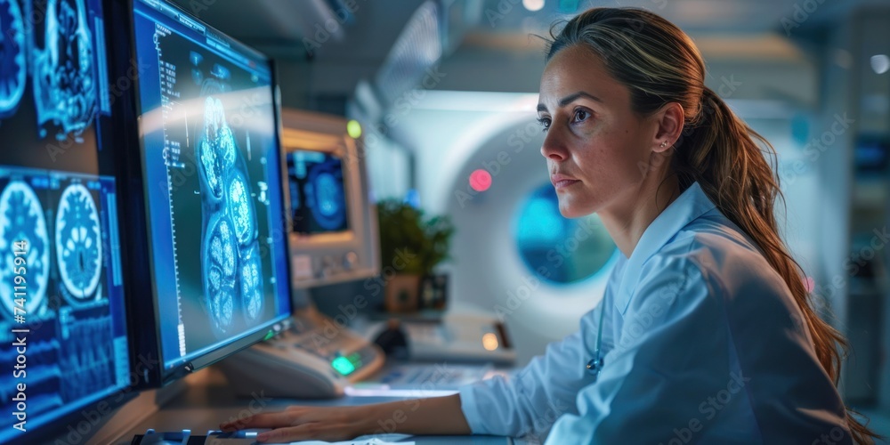 A professional female radiologist reviewing MRI scans in a modern medical imaging room. A professional female radiologist reviewing MRI scans in a modern medical imaging room.