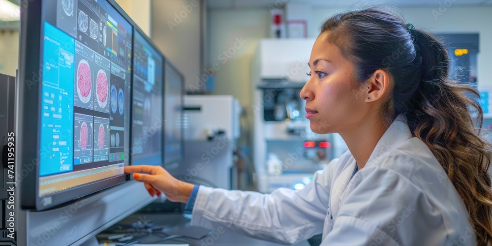 A professional female radiologist reviewing MRI scans in a modern medical imaging room. A professional female radiologist reviewing MRI scans in a modern medical imaging room.