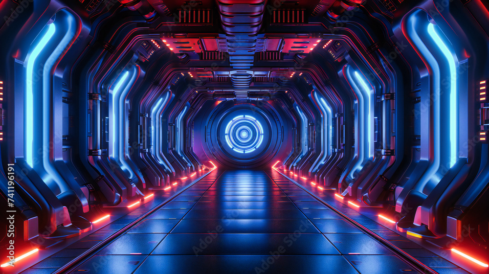Futuristic corridor, a journey through modern design, illuminated by the glow of neon science - obrazy, fototapety, plakaty 