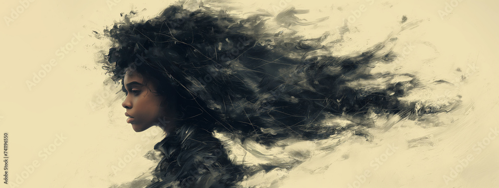 Fototapeta premium Whispers of the Wind: Ethereal Afro Silhouette in Brushstroke Dreamscape