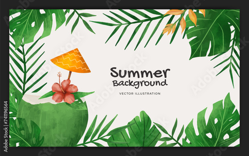 Watercolor tropical summer season banner background template