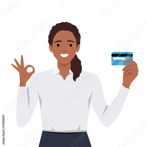 Financial stability and credit card concept. Young smiling asian woman holding golden credit card in raised hand showing ok sign gesture. Flat vector illustration isolated on white background