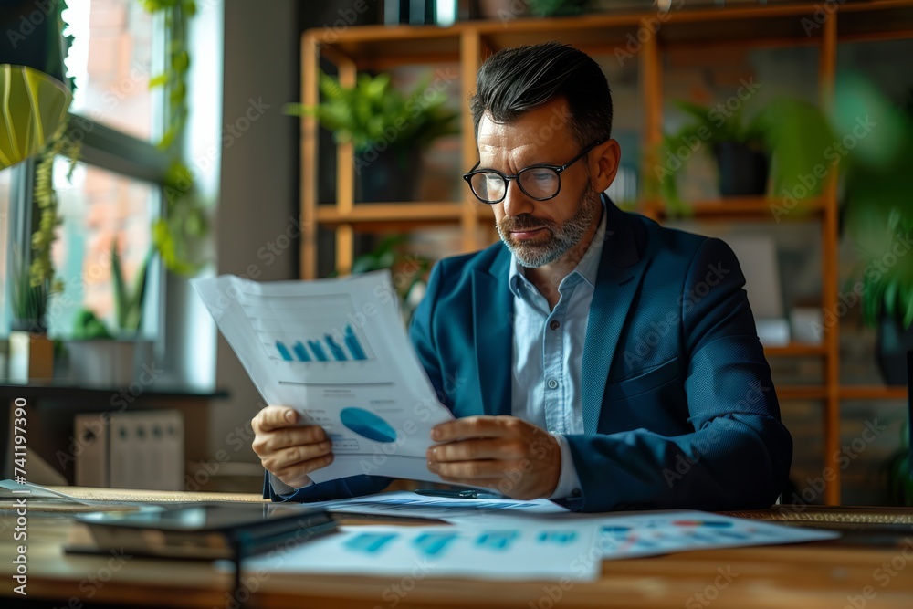 Fototapeta premium Business executive reviewing financial reports and charts in their office, making critical decisions to drive company growth, Generative AI