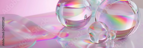 A group of bubbles with rainbow reflection. A mesmerizing cluster of iridescent spheres, brimming with shimmering liquid and captivating rainbow reflections.