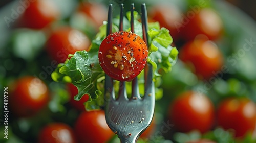 A crisp salad and cherry tomato adorn a fork against a white backdrop, representing the healthy eating concept.