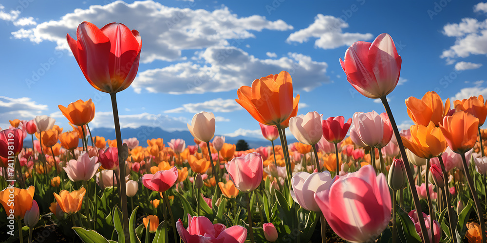 Colorful Tulip Field with Blue Cloudy Sky Landscape Colorful Tulip Field with Blue Cloudy Sky Landscape