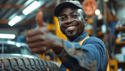 Car mechanic giving thumbs up to car changing tire in auto repair shop