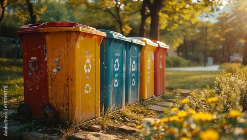 Recycling bins in park, recycling and ecosystem concept