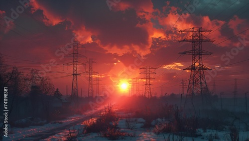 Silhouette of high-voltage electric poles at sunset