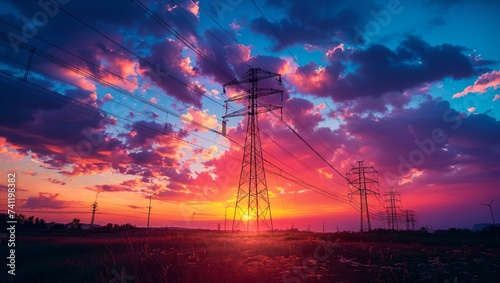 Silhouette of high-voltage electric poles at sunset